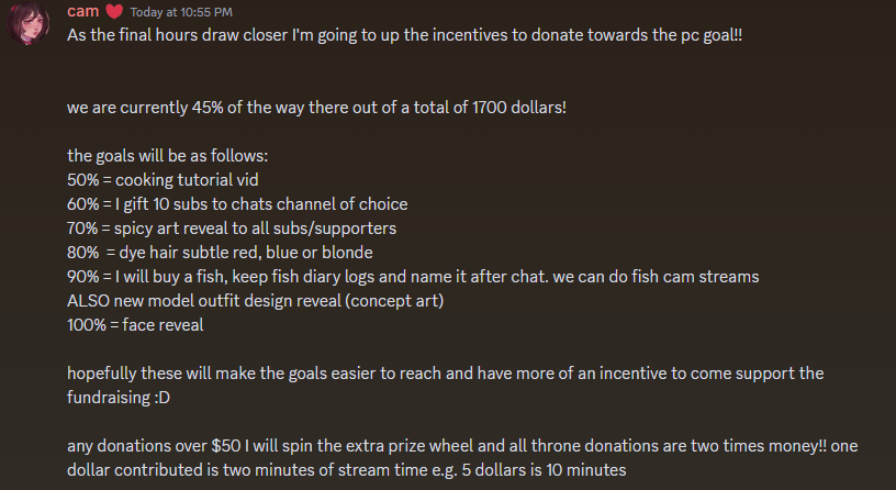 camisanxious's tweet photo. As the final hours of my subathon draw closer I'm going to up the incentives to donate towards the pc goal!!

we are currently 45% of the way there out of a total of 1700 dollars!

come join!! https://t.co/Ho1r5fOAZW https://t.co/r2AJpp74OR