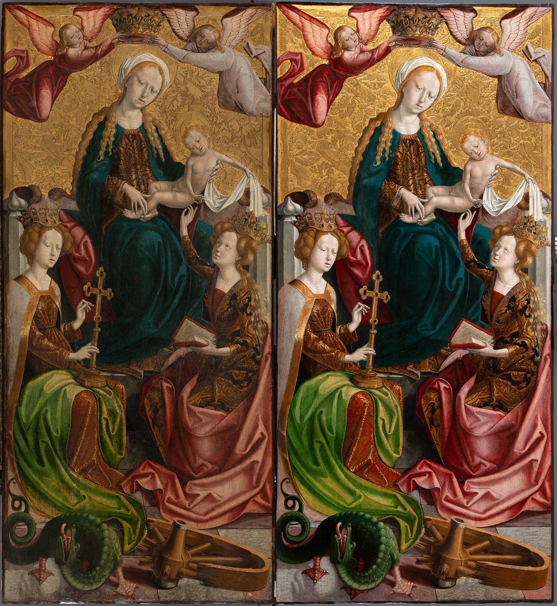 RestauraThyssen's tweet photo. Hemos terminado la restauración de "Virgen con el Niño y las santas Catalina y Margarita" (1500) de seguidor de Michael Pacher.
Vemos la imagen del antes-después y el resultado es impresionante
Admira el oro, los colores reales o el volumen de los pliegues..
La semana que viene + https://t.co/vz7lQytIDm