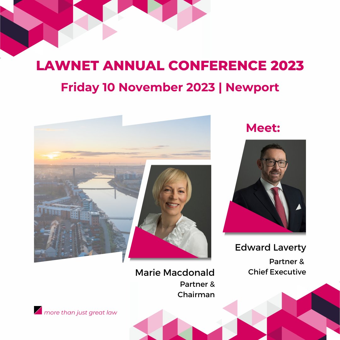 MSHBLLP's tweet photo. Our Chairman, Marie Macdonald, and Chief Executive, Edward Laverty, are attending the @LawNetUK Annual Conference in Newport today. If you would like to meet with them at the event, please get in touch: https://t.co/ocKicL2Mqd
#LawNet #LNconf23 #networking https://t.co/3IVq6Kn47p