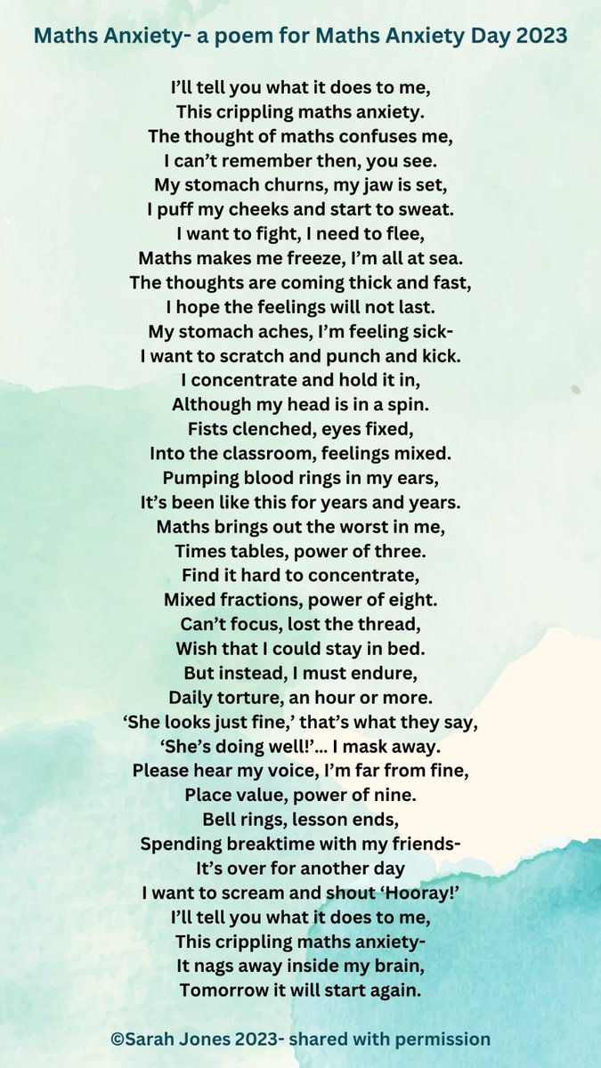 We hope this poem about #mathsanxiety, by the very talented Sarah, helps people who have maths anxiety feel heard and helps others to understand just how debilitating maths anxiety can be... 

#mathsanxietyday #dyscalculia