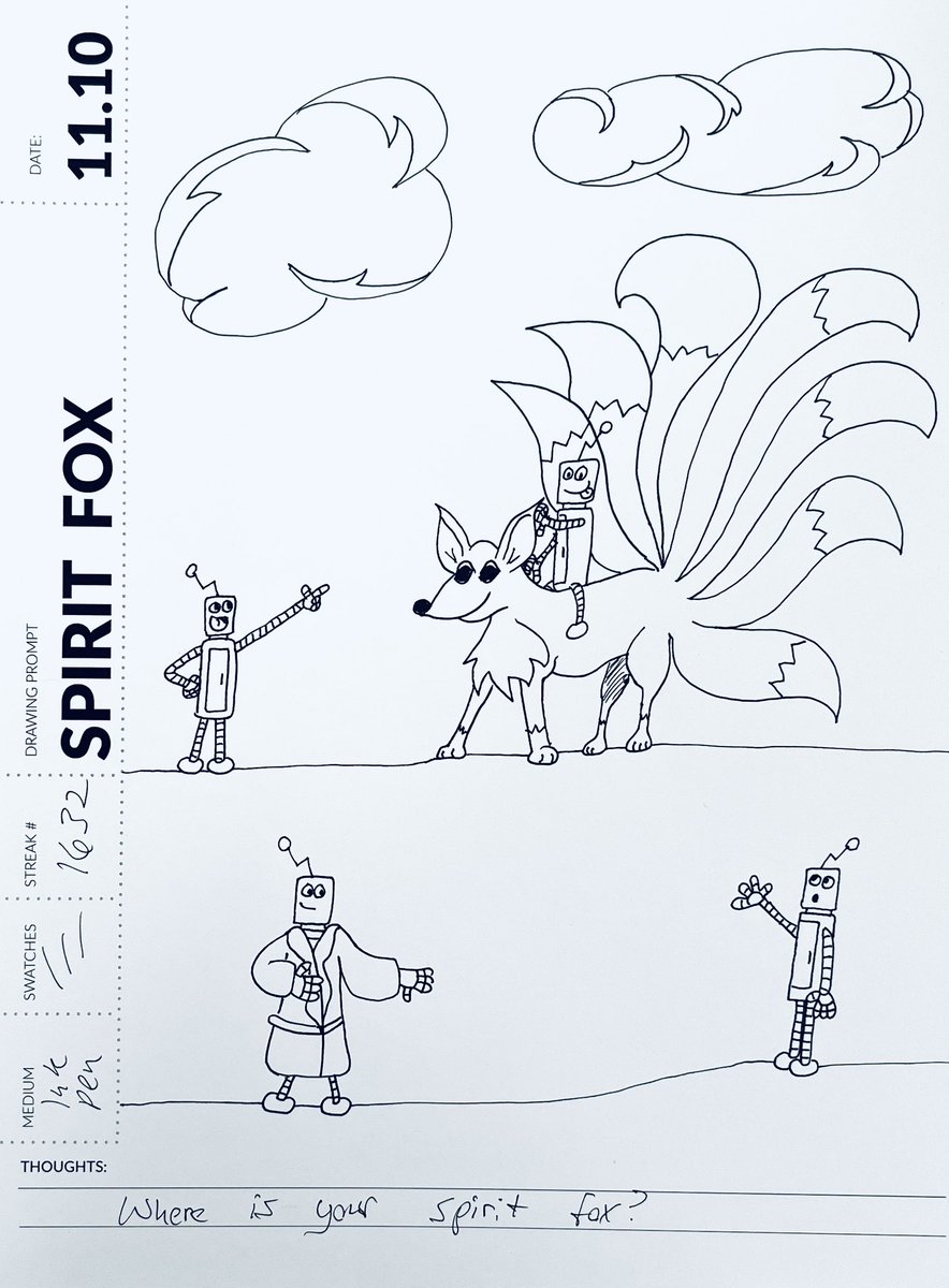 Randy the Frumpy Sketch artist (@randallandrews1) on Twitter photo Day 10. Spirit Fox. My robots found a spirit fox that suites them just fine. #spiritfox #simpledailydrawing #november2023 #drawingprompts #robots #frumpysketch <a href="/SDDArtCommunity/">Simple Daily Drawing</a> Day 10. Spirit Fox. My robots found a spirit fox that suites them just fine. #spiritfox #simpledailydrawing #november2023 #drawingprompts #robots #frumpysketch <a href="/SDDArtCommunity/">Simple Daily Drawing</a>