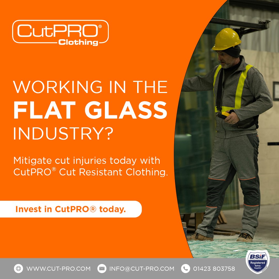 CutPROclothing's tweet image. Working in the Flat Glass Industry? Mitigate the risks of cut injuries with CutPRO®&apos;s advanced cut resistant workwear, featuring industry-leading Cut-Tex® PRO fabric. cut-pro.com/products#Safet… #GlassIndustry #cutprotection #workwear #ppe #workplacesafety #cutpro