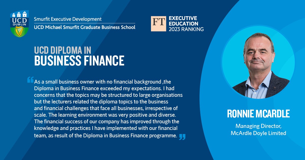 Are you demonstrating credible and effective financial leadership? @SmurfitExecEd Professional Diploma in Business Finance caters specifically to the needs of mid-to-senior executives. Commences 16th Nov. To apply or learn more contact Michael Shiel at michael.shiel@ucd.ie.