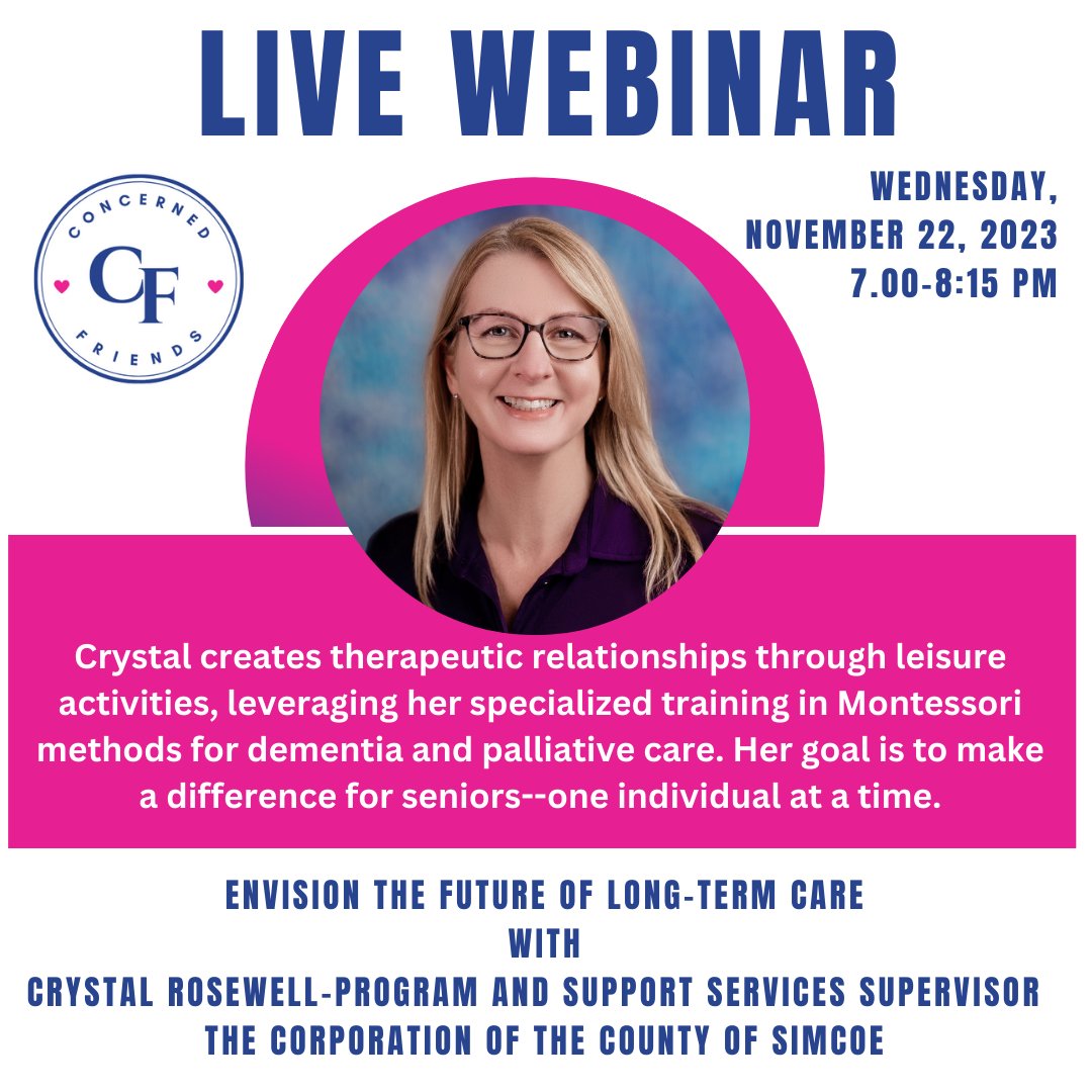 CF_ontario's tweet photo. Introducing our next speaker on November 22nd. Crystal Rosewell--Program &amp; Support Services Supervisor for The Corporation of the County of Simcoe.

More information and registration here: https://t.co/j4IhlbUKjS

#LTCAD #longtermcareontario #longtermcare #seniorsmatter #webinar https://t.co/r9uQtBMOsZ