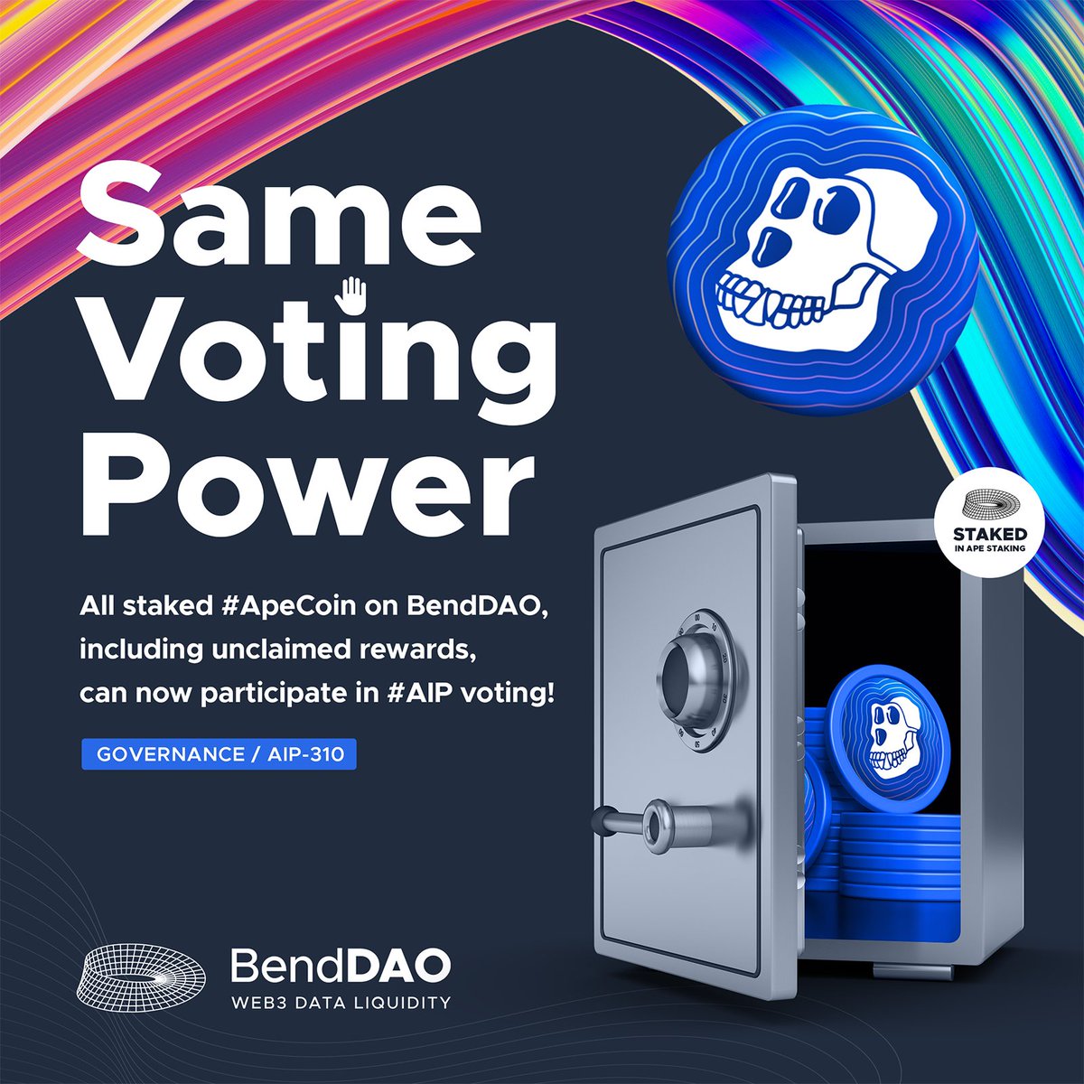 BendDAO's tweet photo. 🦍Thanks to the approval of AIP-310, all staked #ApeCoin on BendDAO, including unclaimed rewards, can now participate in #AIP voting! 💪

Staking through #BendDAO ➡️
✅ Same Voting Power
✅ Auto-compounding 
✅ Single NFT Staking 
✅ Stake/Unstake Anytime

https://t.co/YBxTLuaGso https://t.co/8y2Et2UK9C