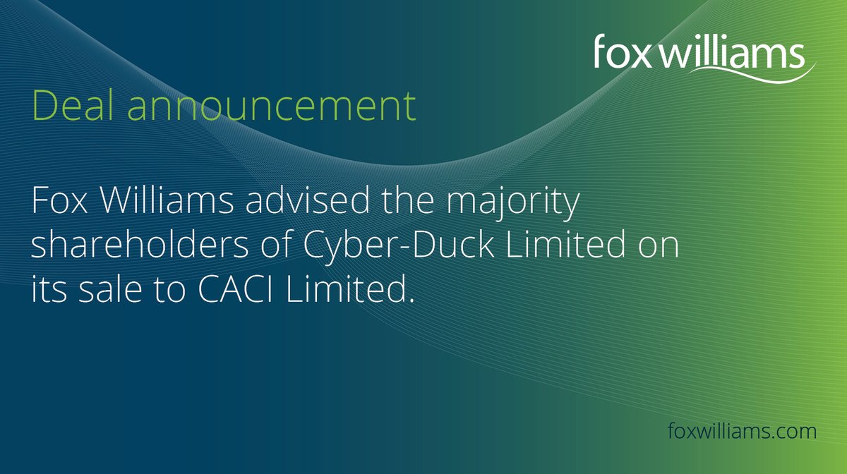 Fox Williams advised the majority shareholders of Cyber-Duck on its sale to CACI Ltd, a leading data and technology solutions company. Our lawyers advised on corporate, tax, real estate and employment aspects of the transaction. Read more at lnkd.in/eeNtYA33 #aquisitions
