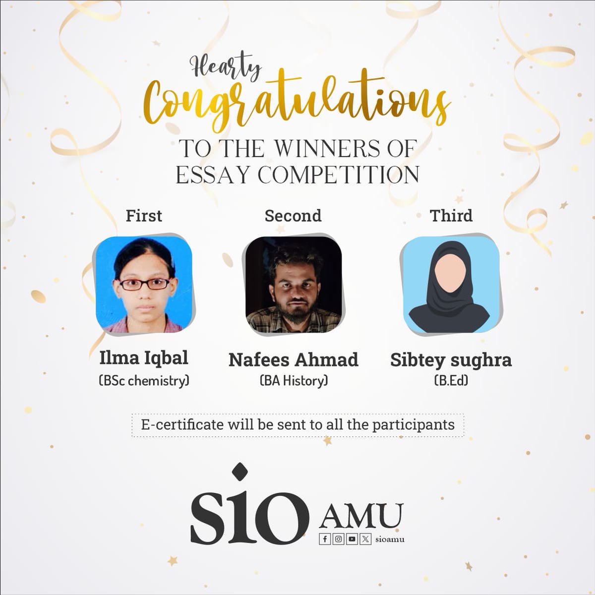 sioamu's tweet image. We are pleased to announce the winners of Essay Writing Competition conducted on the topic of &quot;Beyond the Materialism: Unravelling the Ethical ground of Islam&quot;. The competition was conducted during the Soul Spark: Illuminate Ethics Campaign.