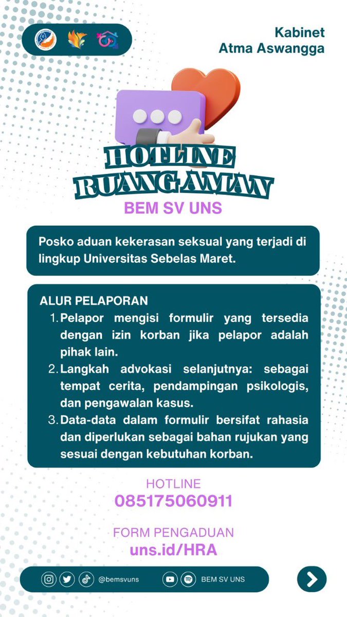 [HOTLINE RUANG AMAN]

Halo sobat berdaya!🙋‍♀

Direktorat Jendral Advokasi Isu Gender BEM SV 2023 memberikan layanan posko aduan terkait kekerasan seksual yang terjadi khususnya di lingkungan Sekolah Vokasi Universitas Sebelas Maret.

Hotline 📲 : 
wa.me/6285175060911