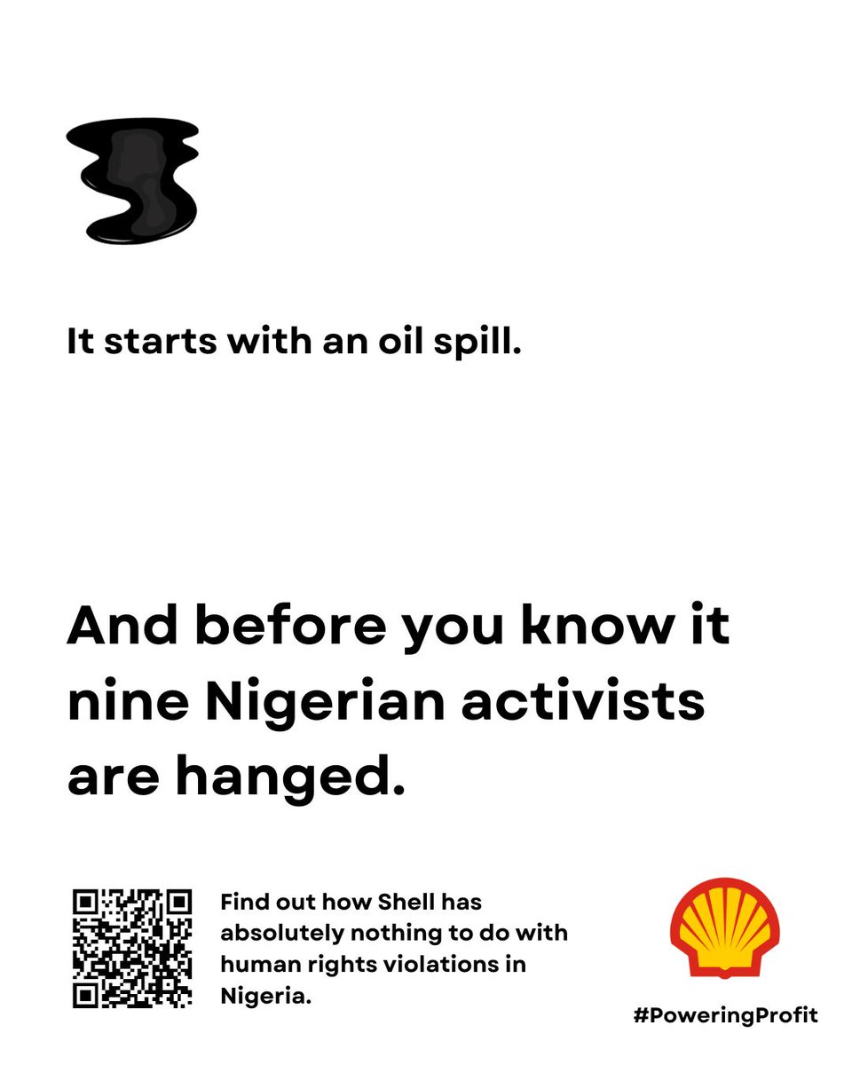 Today we commemorate the Ogoni 9, who were executed in Nigeria on November 10th 1995 after an unjust trial. Last week, we received a letter from Shell, summoning us to take down the poster that we made about the execution of those nine activists in 1995 in Nigeria. 🧵