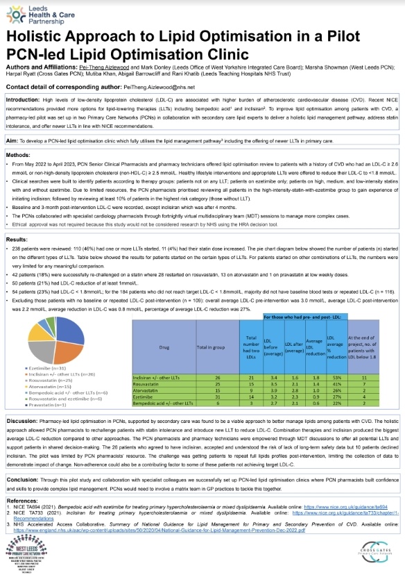 Well done to <a href="/PeiTheng2/">PeiTheng Aizlewood</a> et. al. for their poster at the <a href="/rpharms/">Royal Pharmaceutical Society</a> annual conference 2023. True example of integrated work between <a href="/LeedsHospitals/">Leeds Teaching Hospitals</a> &amp; <a href="/LeedsHCP/">Leeds Health and Care Partnership</a> to tackle cardiovascular disease by optimising lipids in primary care. 

#RPSConf23 
<a href="/Shahed__Ahmad/">Shahed Ahmad</a> <a href="/CardioPharmUK/">Helen Williams 💊</a>
