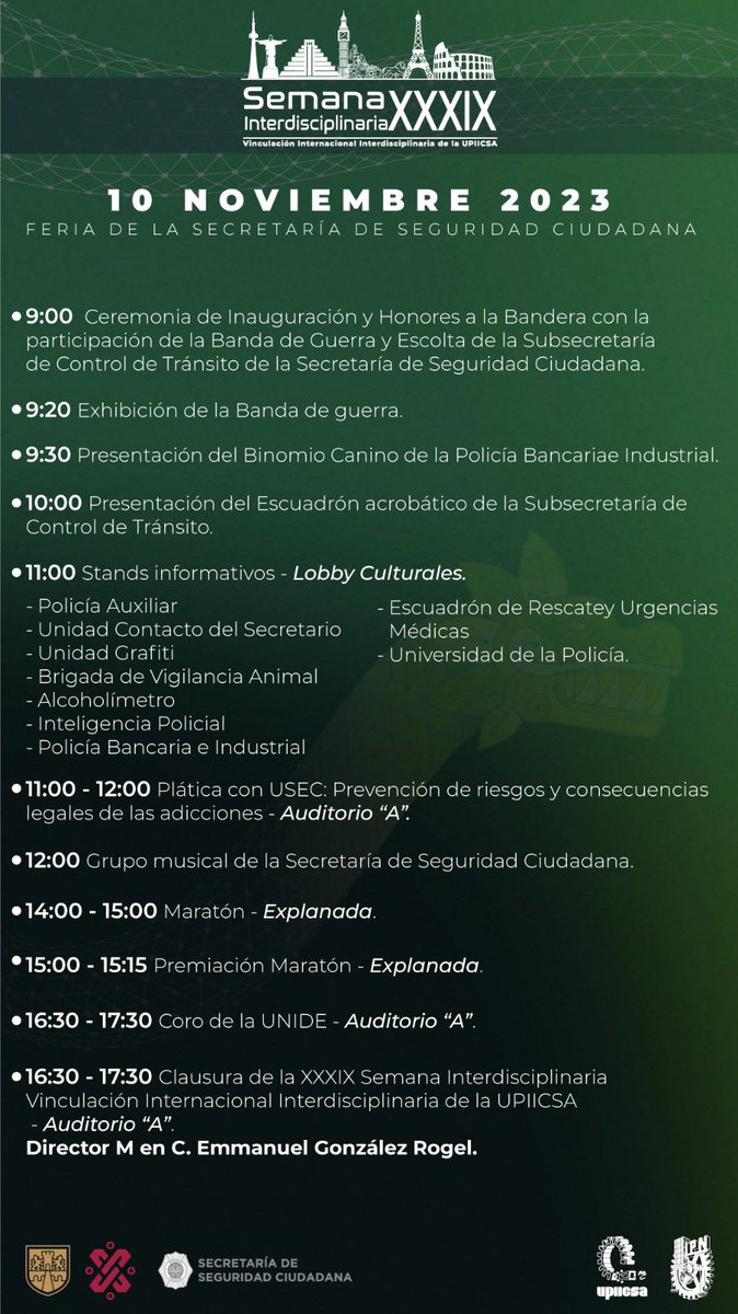 egonzalez_r's tweet image. No te pierdas el último día de la #SemanaInterdisciplinaria, asiste a la “Feria de la Secretaria de Seguridad Ciudadana”, al maratón sorpresa y ¡no olvides el coro de la #UNIDE!  

Acompáñame a cerrar este día con broche de oro asistiendo a todos los eventos.