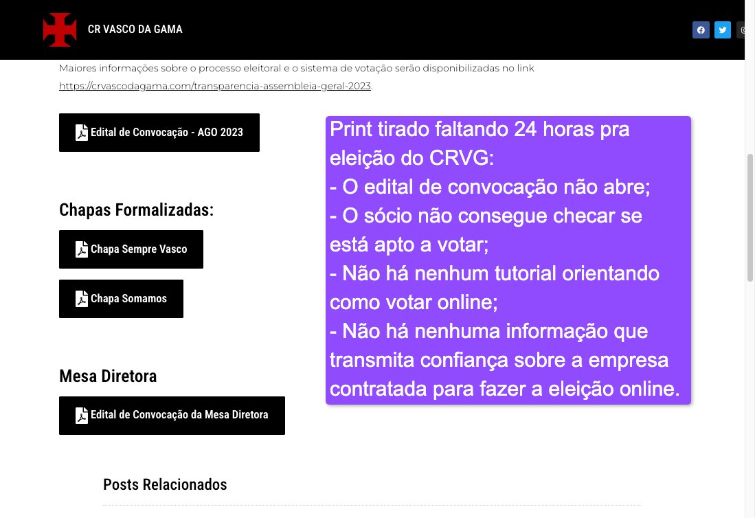 🚨 Faltando 24 horas pro início da eleição do CRVG e ninguém tem informações básicas sobre o processo de votação.

O mais cômico é que a url tem a palavra "transparência".

crvascodagama.com/transparencia-…

Bizarro!