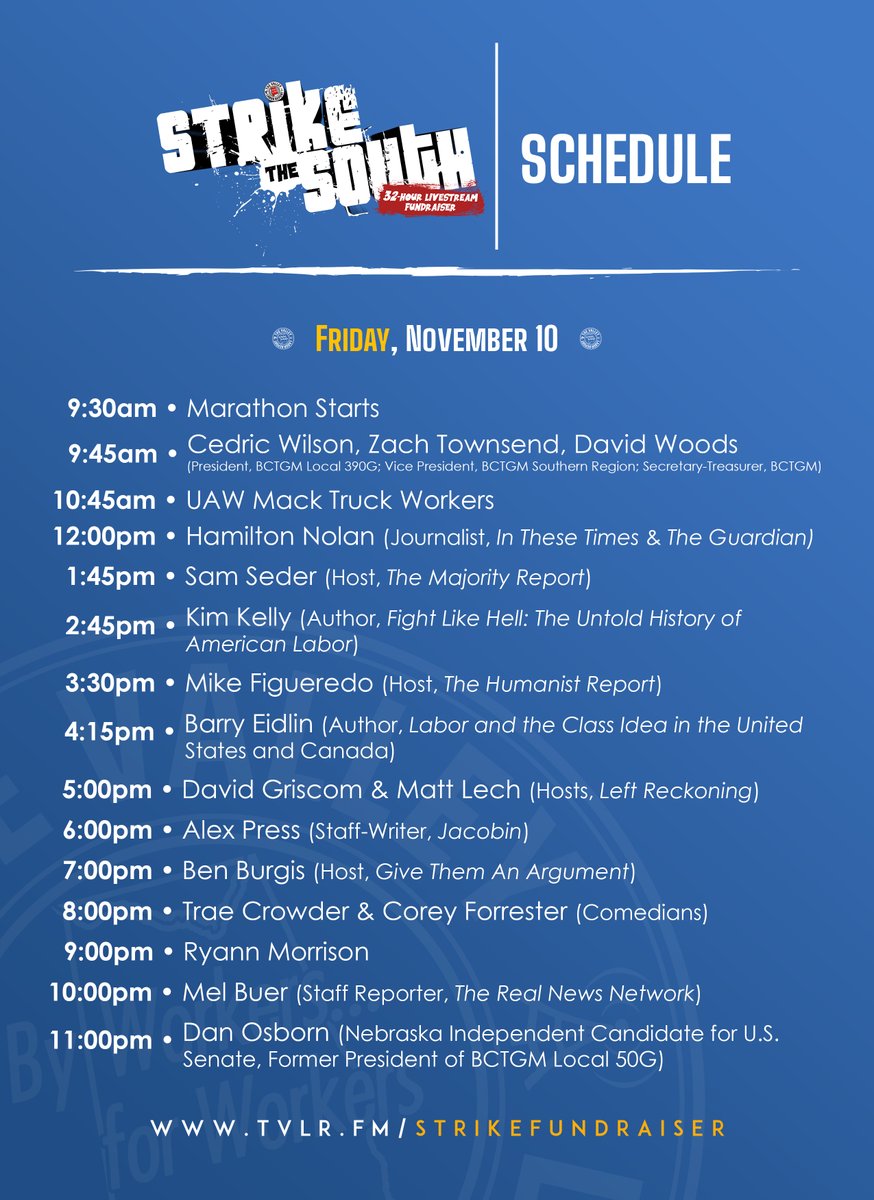 We go live in TWO HOURS! 

Raising money for striking <a href="/BCTGM/">BCTGM International</a> and <a href="/UAW/">UAW</a> members for 32 hours!

Here's the schedule through this evening, when are you tuning in?

TUNE IN: youtube.com/live/7h3Lei_kA…

DONATE: TVLR.FM/StrikeFundrais…