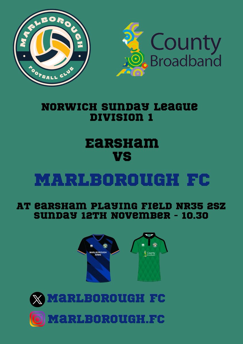 Up next we are away to @TheEarsham on one of the nicest pitches in the Sunday League! #MarlboroughArms #upthemarley @CountyBroadband