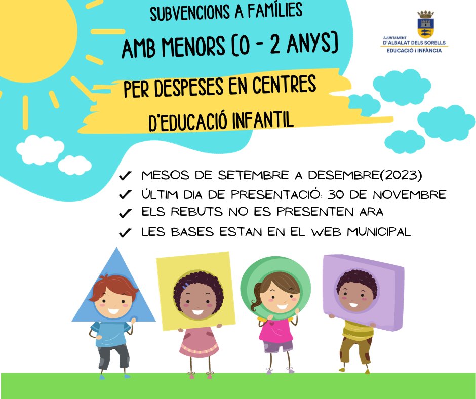 SUBVENCIONS A FAMÍLIES AMB MENORS DE 0-2 ANYS PER A DESPESES EN CENTRES EDUCATIUS INFANTILS (REGIDORIA D’EDUCACIÓ I INFÀNCIA)
Les bases i els documents es troben en el web municipal albalatdelssorells.net/.../1854-convo…...