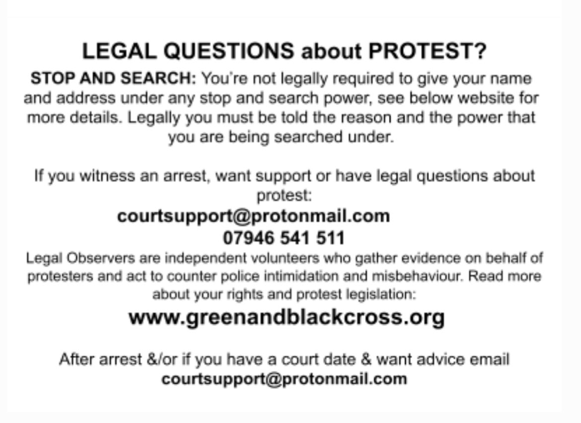 If you’re marching in London tomorrow, basic know your rights information is below. If you see legal observers handing out physical bust cards with this info, take one for your reference.