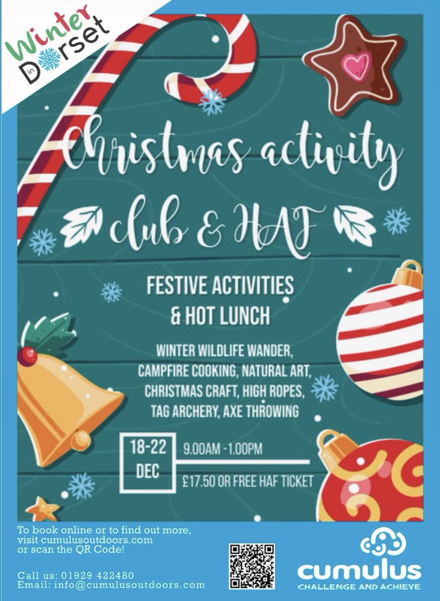 School activity club &amp; #winterindorset #haf programme booking now open! 18-22 Dec, 9am-1pm, ages 5-16, free for HAF qualifiers or £17.50pp per session. Festive themed indoor &amp; outdoor activities with a hot meal.