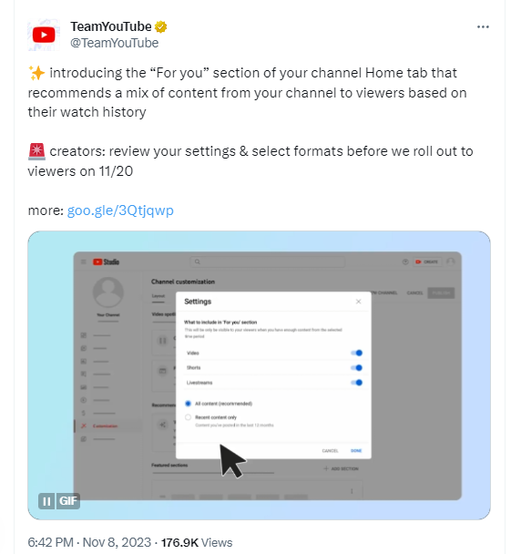 RecSys_c's tweet image. #YouTube announces a customizable “For You” recommendations section on channels. It&apos;s a mix of recommendations based on user&apos;s past history, and the current channel&apos;s most popular content. Starts on 20th Nov. 
recommender-systems.com/news/2023/11/1… #RS_c #RecSys