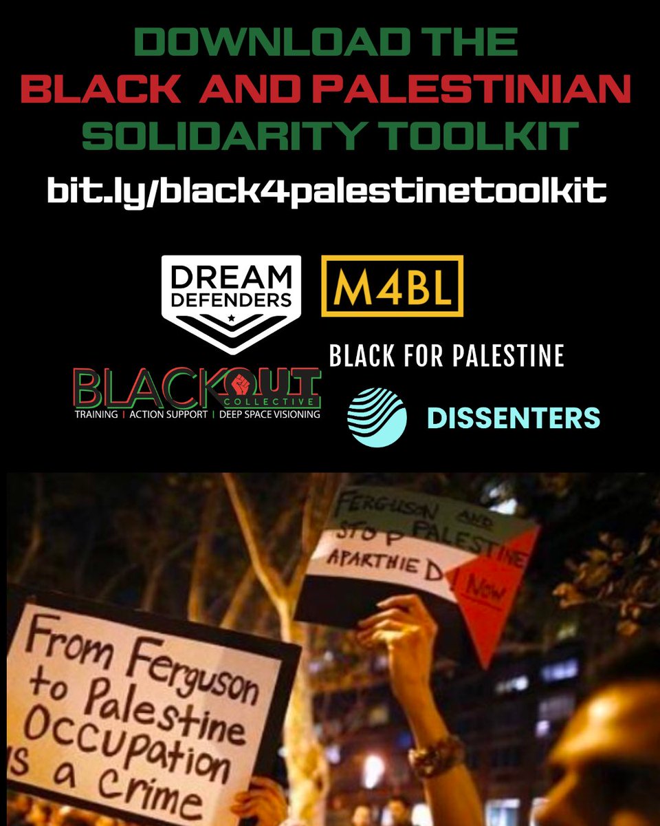 DOWNLOAD NOW: We just dropped a Black and Palestinian Solidarity Toolkit. Learn what you can do today for a #CEASEFIRENOW and a #FREEPALESTINE in your own city here: bit.ly/black4palestin… Huge thanks to the @Dreamdefenders for their leadership.