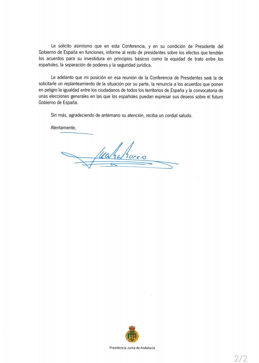 JuanMa_Moreno's tweet image. He reclamado a Sánchez la convocatoria de una Conferencia de Presidentes. Nos inquietan las consecuencias de los acuerdos alcanzados y pido que no los lleve adelante.

Nadie puede quebrar principios básicos como la igualdad entre españoles o la separación de poderes.