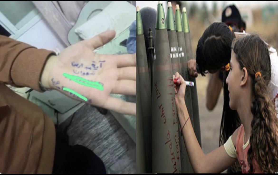 On the left is a Palestinian child who wrote their name on their hand so they can be identified if/When they are killed in an Israeli bombing On the right are Israel Children writing messages on missiles to mock the children that they will kill in Gaza