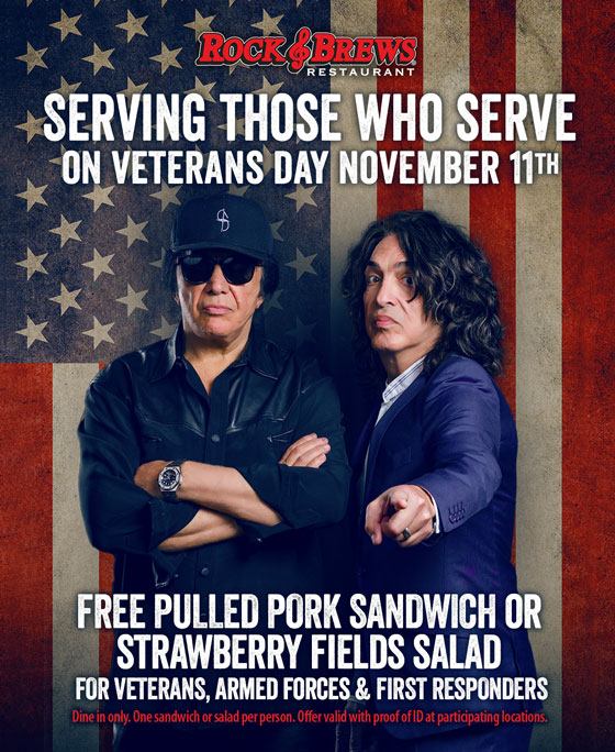 We're serving those who serve this #VeteransDay. 🇺🇸 All veterans, first responders, and members of the armed forces who join us this Saturday will receive a complementary Strawberry Fields Salad or Pulled Pork Sandwich at participating Rock & Brews locations.