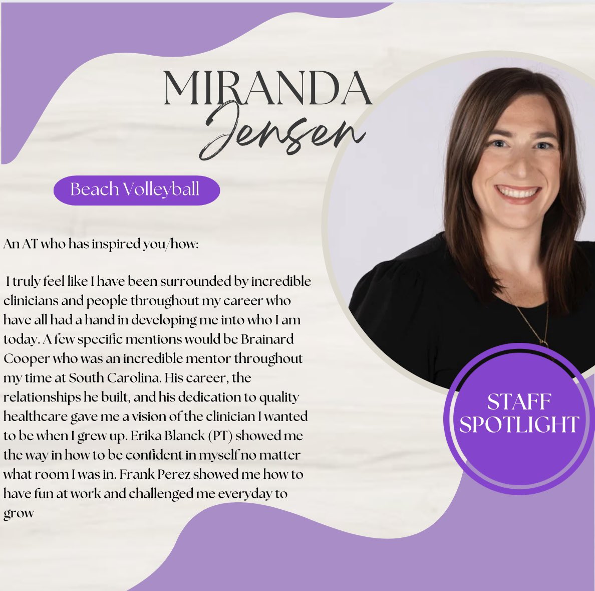 Next up is Associate Director of Sports Medicine and Beach Volleyball Athletic Trainer ✨Miranda Jensen MS, LAT, ATC, RYT-200✨ #gofrogs #tcusportsmed
