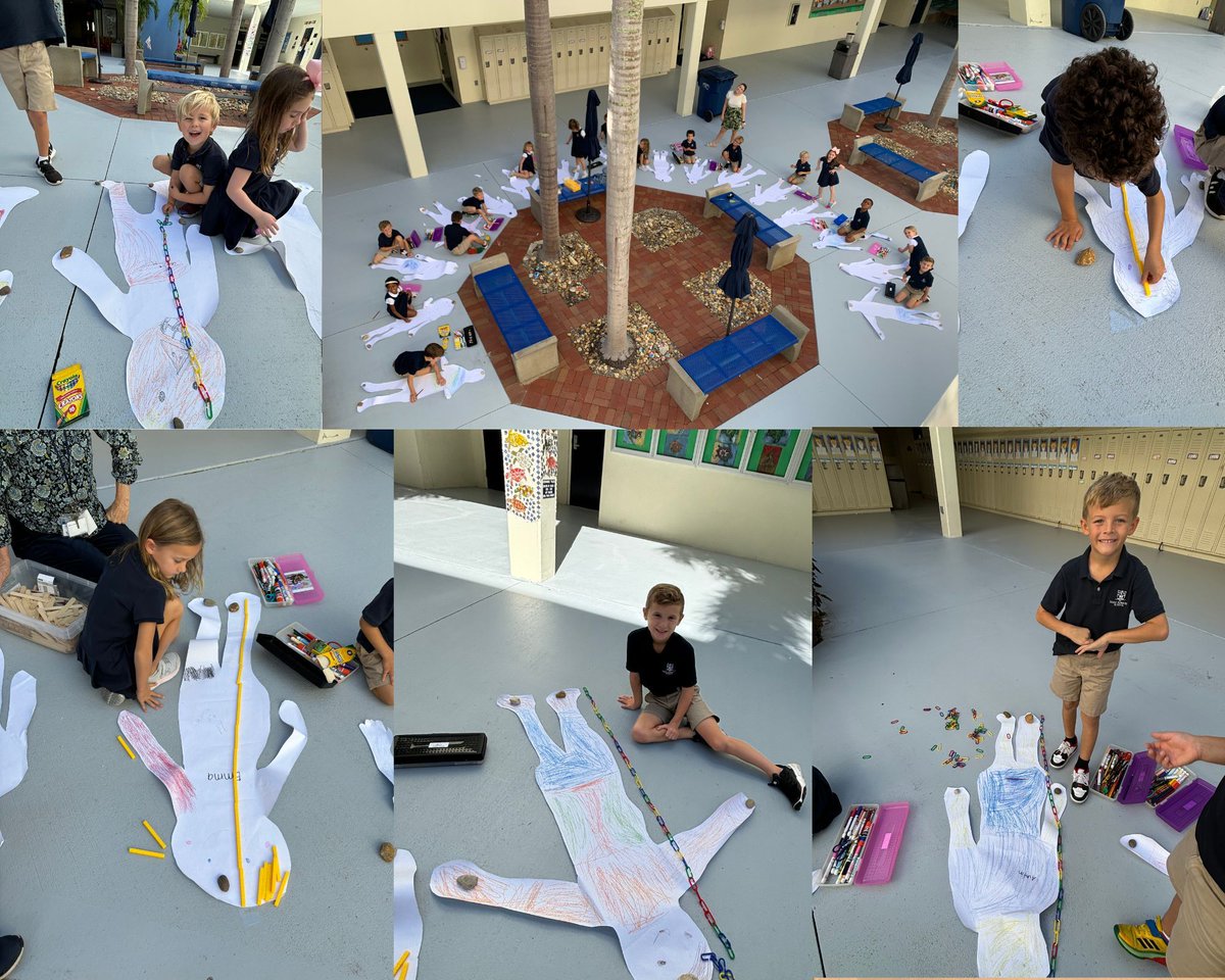 StEdsVero's tweet photo. This week in math, SES kindergarteners learned about measuring with non-standard units. They completed a project where they traced their bodies and measured their height. The students measured their height using links, base-ten blocks and popsicle sticks. Way to go! #howseslearns https://t.co/9yNnZXXo2x