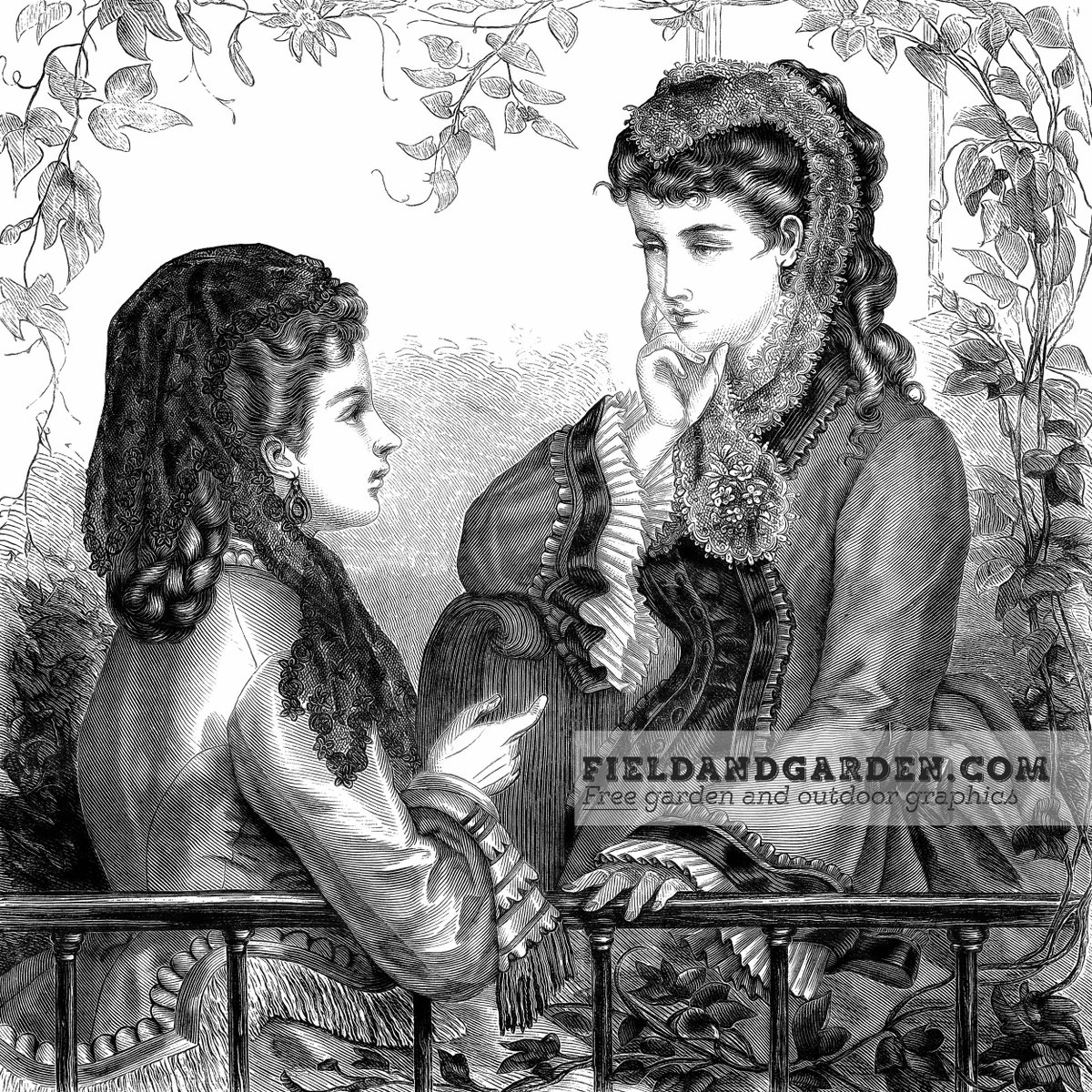 Vintage illustration of two Victorian ladies chatting in a garden. #Freeclipart for #collageart, #papercrafts, #scrapbooking or DIY #wallart at bit.ly/47tZjoI.
|| #fieldandgarden #vintageart #vintageprint