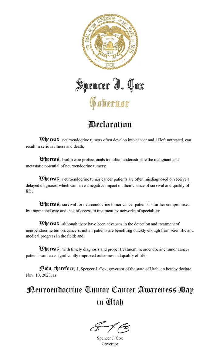 Thanks to the advocacy of our #NeuroendocrineTumor program, led by @helops79, November 10th has been declared Neuroendocrine Tumor Cancer Awareness Day in Utah by Governor Spencer J. Cox.

#NETCancerAwarenessDay #LetsTalkAboutNETs #NETCancerDay