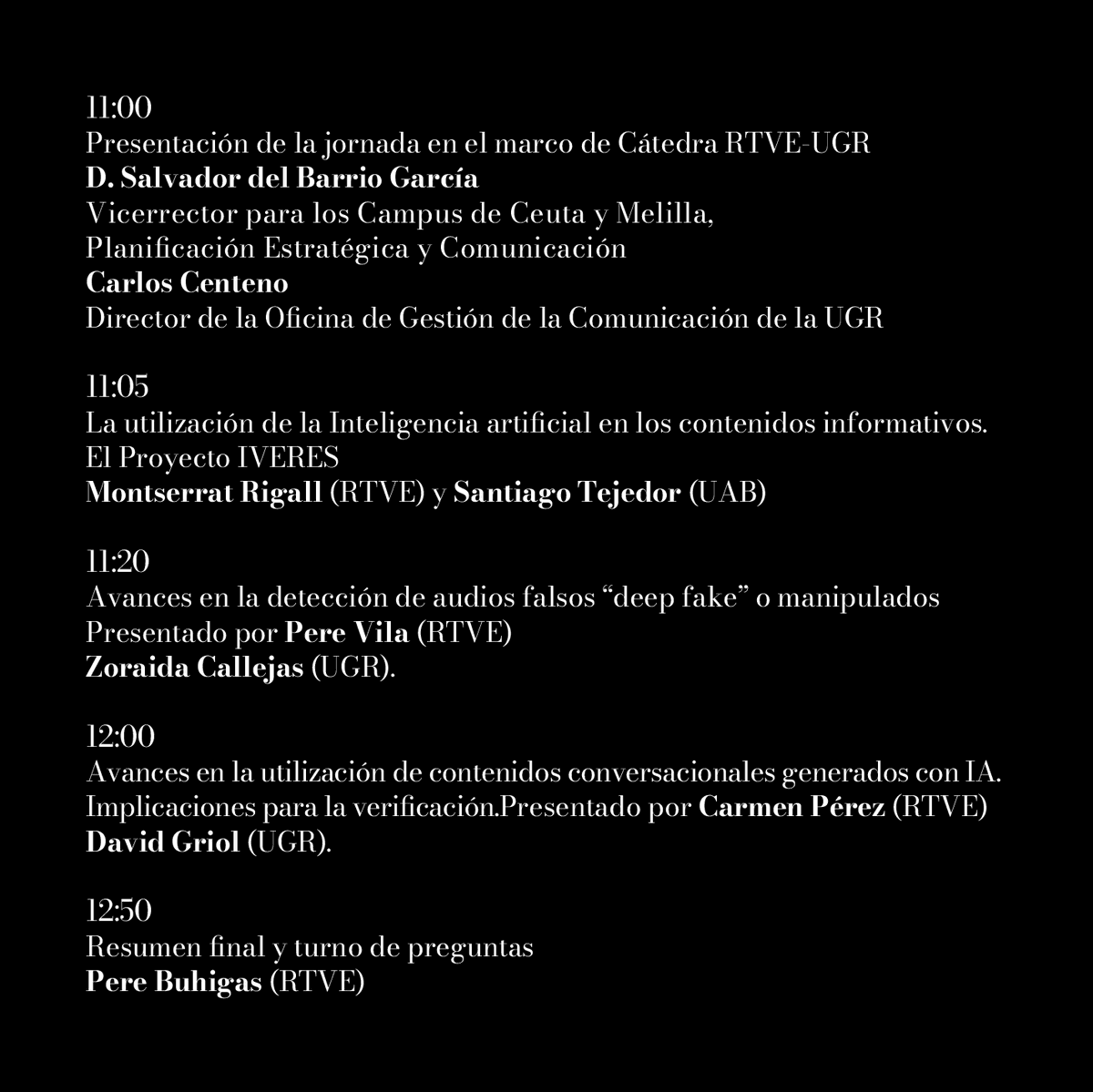 ZoraidaCallejas's tweet photo. El 21 de noviembre la #CátedraRTVEUGR organiza con @lamadrazacccugr una jornada sobre IA en contenidos informativos. Un evento de divulgación sobre avances recientes en verificación de noticias, detección de fakes y potencialidad de IA conversacional. Entrada libre, os esperamos https://t.co/nDU5TSdnT2