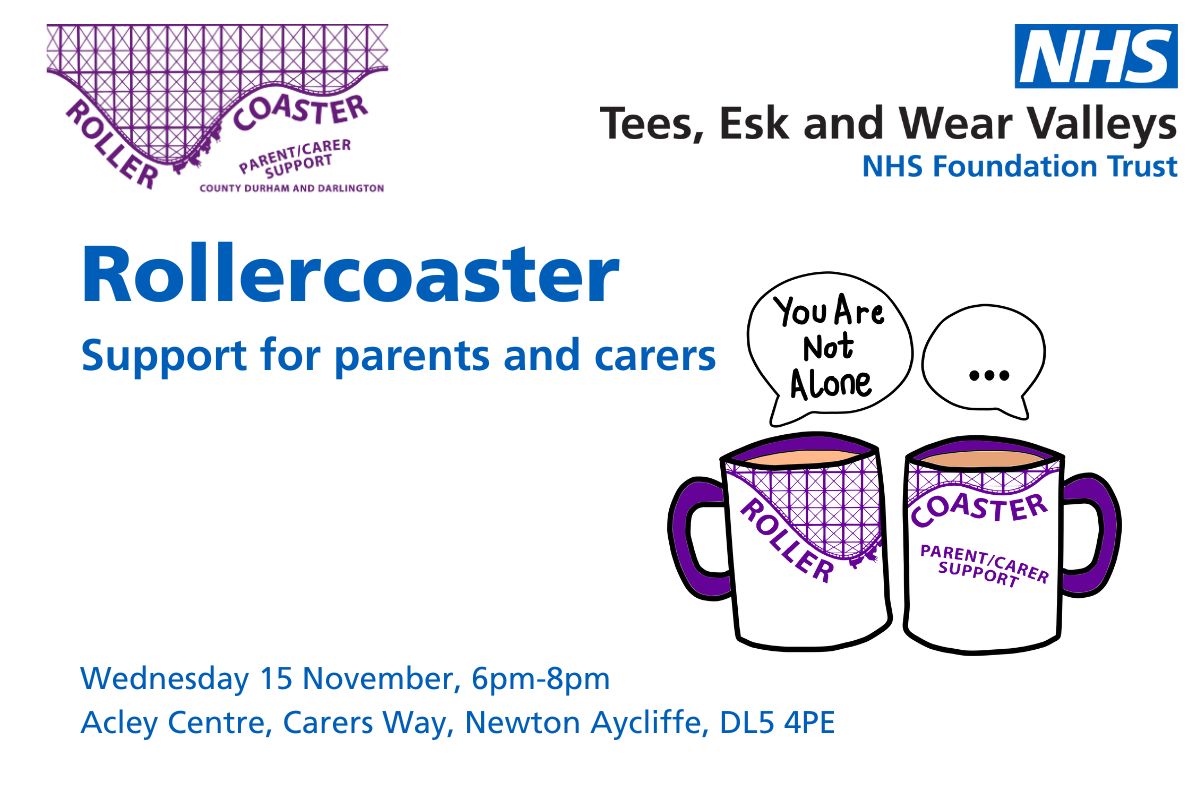 Rollercoaster 🎢 in Co Durham & D'ton is back offering parent & carer 👨‍👨‍👧‍👧 support groups for those who care for a young person (0-25yrs) with emotional or mental health difficulties. Grab a cuppa & a chat at our 1st session on Weds 15 Nov, 6pm-8pm, Acley Centre in Newton Aycliffe.
