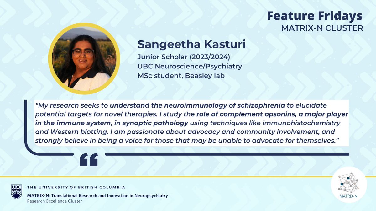 Meet Sangeetha, one of the 2023/24 MATRIX-N Junior Scholars! Sangeetha is a MSc student with @BeasleyLabUBC @UBC_Psychiatry @NeuroscienceUBC #FeatureFriday Alongside her research, Sangeetha is passionate about advocacy and is involved within her community.