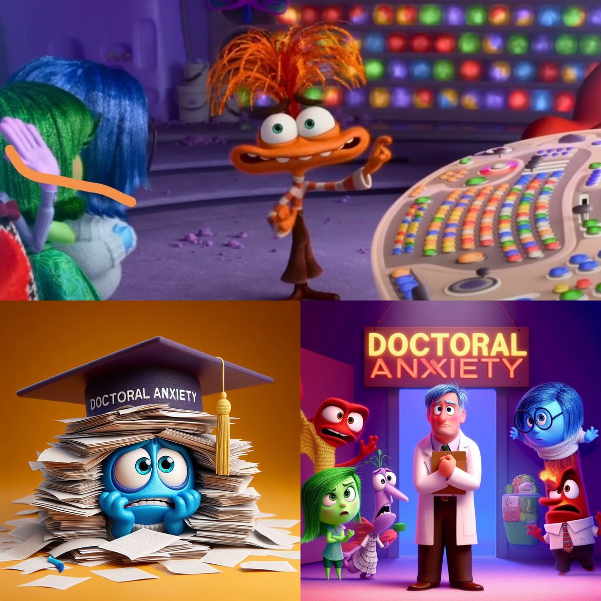 Direbollosa's tweet photo. Parece que el tema del día es la nueva película de #InsideOut2 y su representación de la ansiedad. ¿Cuántos estudiantes de doctorado se sentirán reconocidos en ella?

Un poquito de IA, para representar nuestro sube y baja emocional, espectativas, prisas, incomprensión... #PhD https://t.co/u2tvhuWyvD