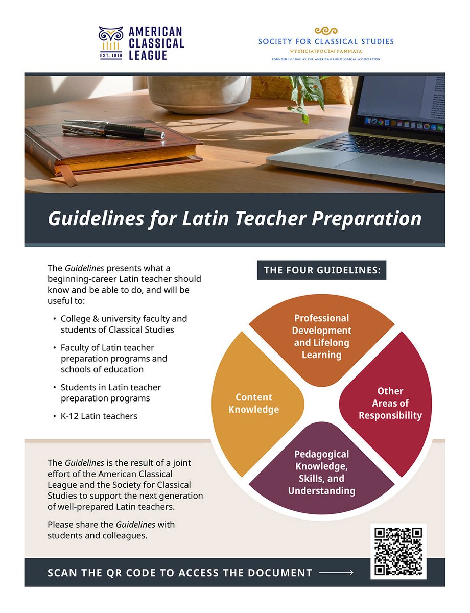 Announcing the Guidelines for Latin Teacher Preparation! This document sets out what a beginning-career Latin teacher should know and be able to do, and organizes a beginning Latin teacher’s knowledge, skills, and understanding under four main guidelines. classicalstudies.org/education/guid…