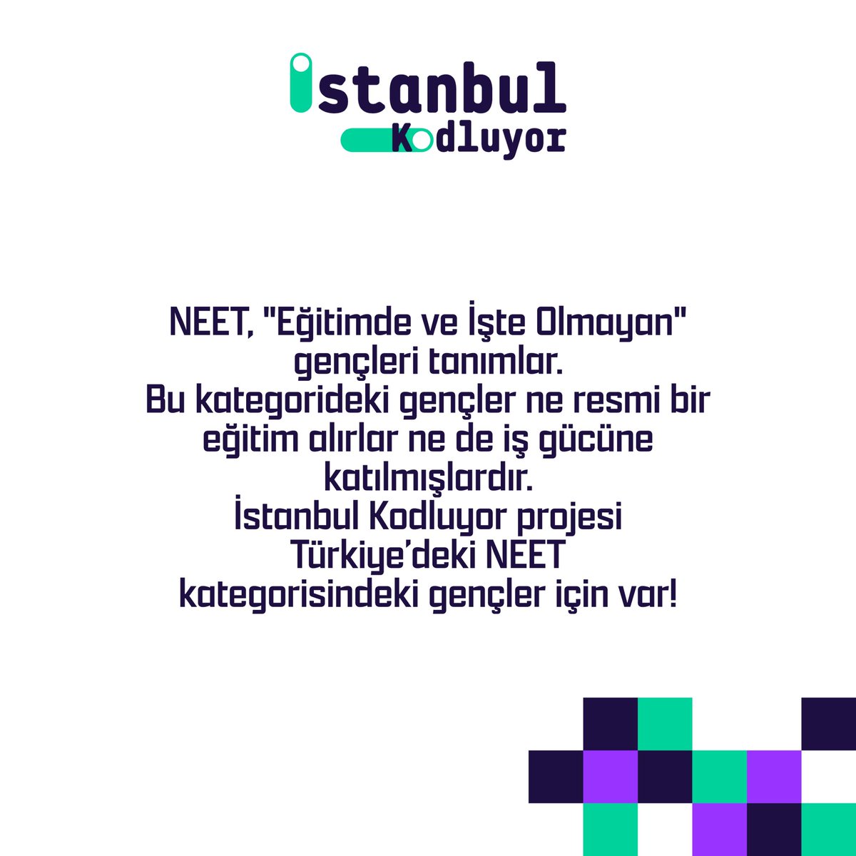 tobeto_platform's tweet photo. NEET, “Eğitimde ve İşte Olmayan” gençleri tanımlar. Bu kategorideki gençler ne resmi bir eğitim alırlar ne iş gücüne katılmışlardır. İstanbul Kodluyor projesi Türkiye’deki NEET kategorisindeki gençler için var!

#NEET #Tobeto #İstanbulKodluyor #HeadFarming #SeniAriyoruz #Yazılım https://t.co/rvfdrgEp21
