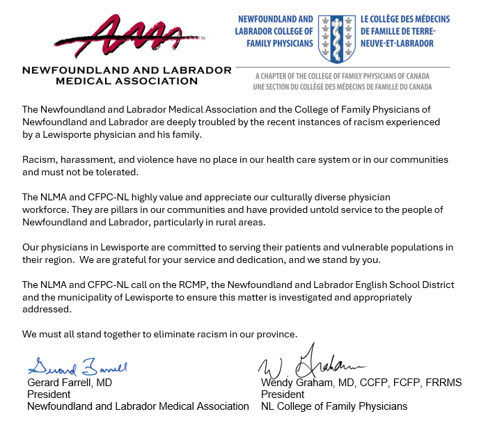 _nlma's tweet photo. The Newfoundland and Labrador Medical Association and the College of Family Physicians of Newfoundland and Labrador are deeply troubled by the recent instances of racism experienced by a Lewisporte physician and his family. Read More https://t.co/eZLuFpoeC2 https://t.co/2FgGc6iaip