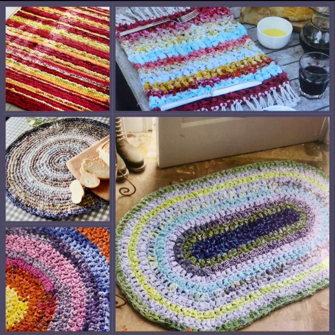 Crochet Circle Rag Rug Pattern🧶A creative and sustainable way to recycle unwanted fabric, to create a beautiful and functional rugs or coasters for your home ♻️Using old quilts and sheets 💚 dwcrochetpatterns.etsy.com #MHHSBD #craftbizparty #ragrug