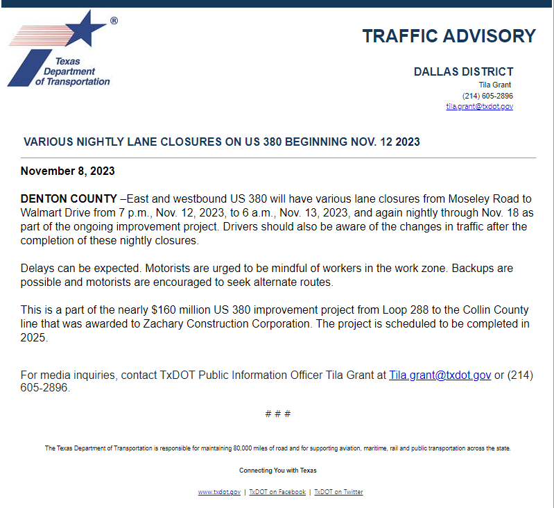 Sharing from TxDOT: Various Nightly Lane Closures  on US 380 Beginning November 12, 2023 <a href="/TxDOT/">TxDOT</a>