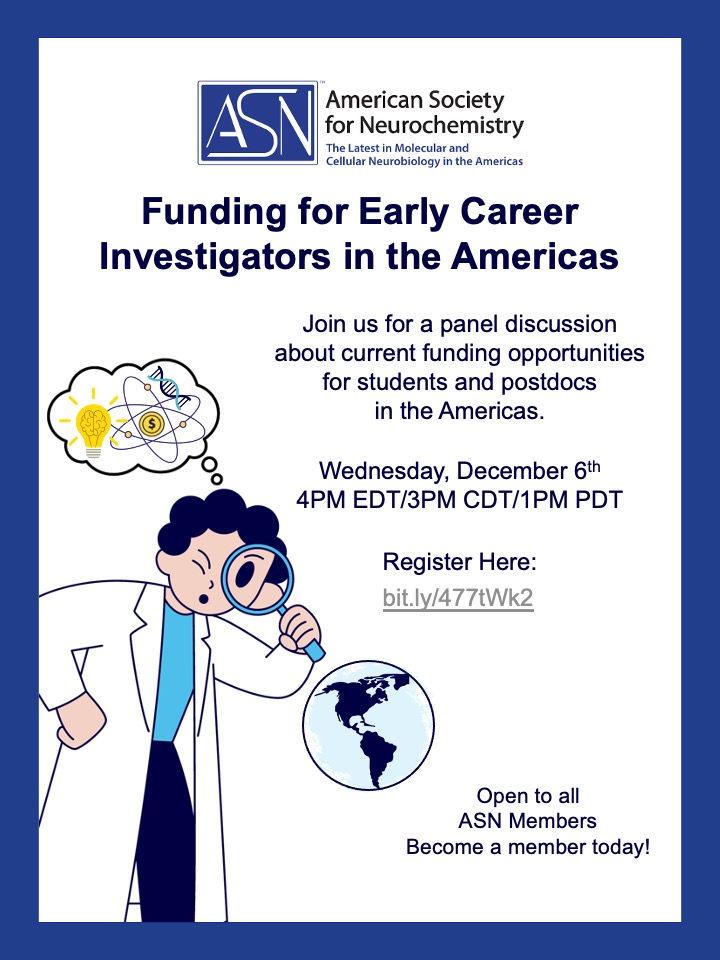 🧠 Exciting Opportunity for Early Career Investigators in the Americas! 🌎 Join us for a panel discussion on funding opportunities hosted by the American Society for Neurochemistry Early Career Development Committee RSVP and get more details here: bit.ly/477tWk2