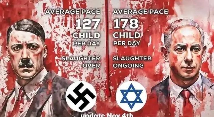El promedio de niños ases¡nados por Netanyahu diariamente supera el de niños ases¡nados diariamente por Hitler en el holocausto. El Nuevo Holocausto es en Gaza El Nuevo Naz¡smo es el Sl0NISM0