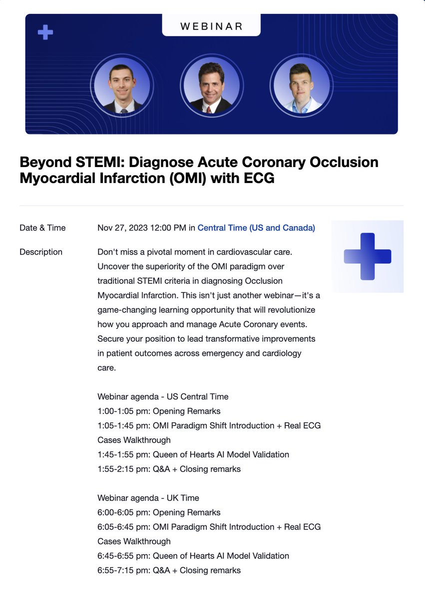 Stephen W. Smith (@smithecgblog) on Twitter photo We are having a FREE Webinar on Nov 27 at 12 PM Central Time (US and Canada):
Beyond STEMI: Diagnose Acute Coronary Occlusion Myocardial Infarction (OMI) with ECG
<a href="/PendellM/">Pendell Meyers</a> <a href="/RobertHermanMD/">Robert Herman, MD, PhD</a>
Sign up at this link: zoom.us/webinar/regist… We are having a FREE Webinar on Nov 27 at 12 PM Central Time (US and Canada):
Beyond STEMI: Diagnose Acute Coronary Occlusion Myocardial Infarction (OMI) with ECG
<a href="/PendellM/">Pendell Meyers</a> <a href="/RobertHermanMD/">Robert Herman, MD, PhD</a>
Sign up at this link: zoom.us/webinar/regist…