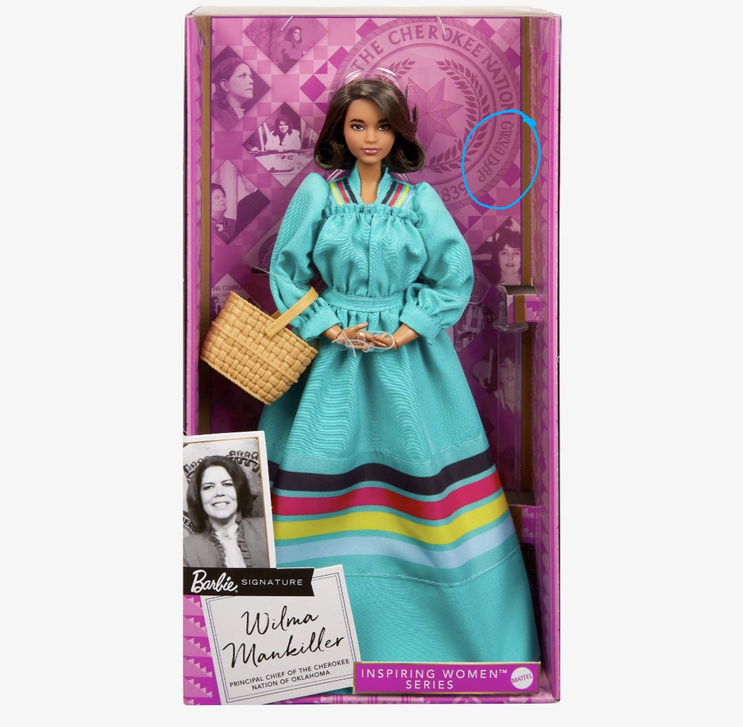agilvntisgi's tweet image. Not Mattel messing up the Cherokee Nation seal so that it translates as "Chicken Nation" instead of "Cherokee Nation 😓