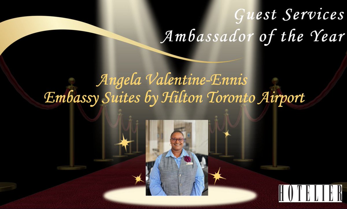 Congratulations to Angela Valentine-Ennis ​from the @EmbassySuitesTO, winner of the Guest Services Ambassador of the Year Award sponsored by <a href="/Hoteliermag/">Hotelier Magazine</a> #GTHASpiritAwards