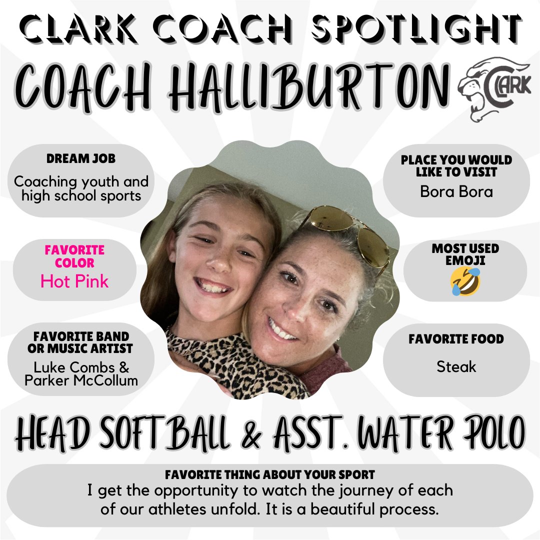 🐾🤽‍♀️🥎Coach Halliburton is the Head Softball Coach and an Assistant Water Polo Coach. She is also an Algebra Teacher. This is her fifth year at Clark!