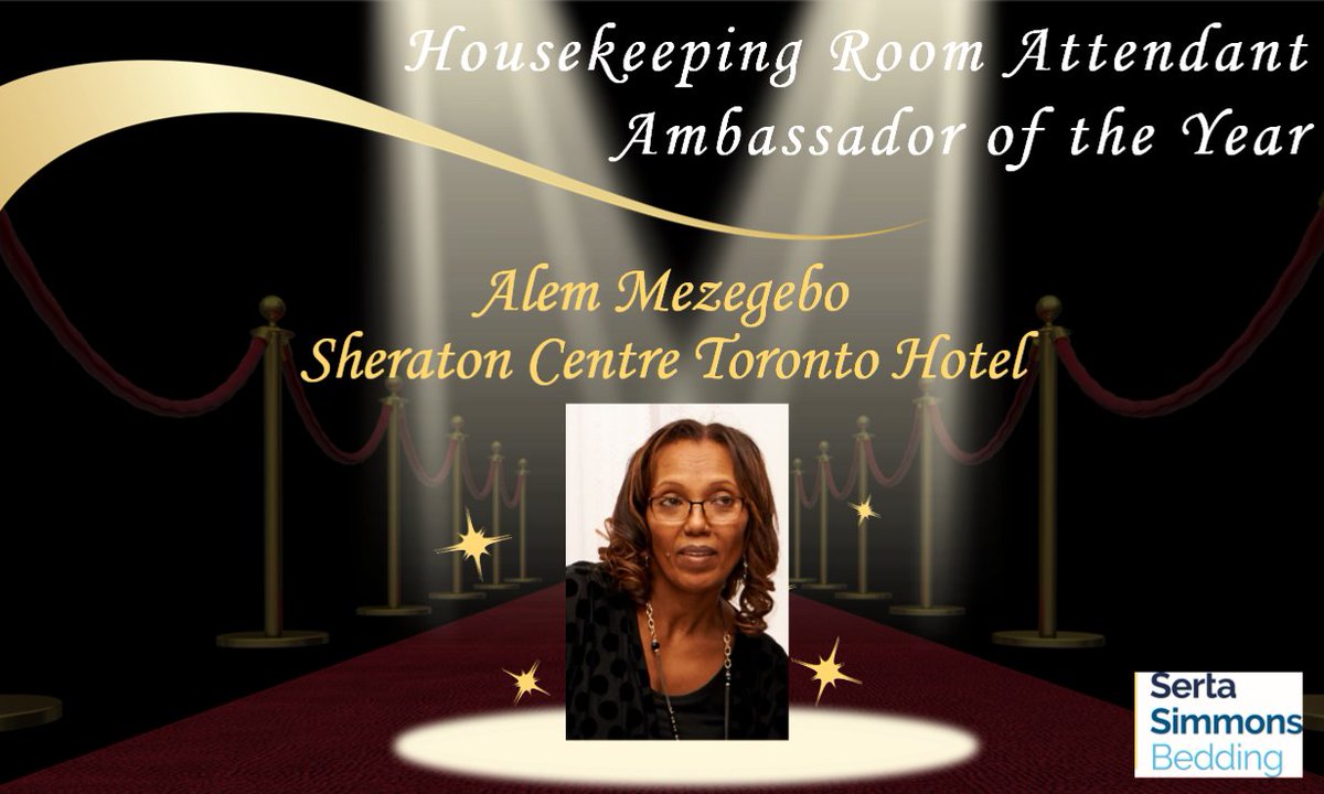 Congratulations to Alem Mezegebo from the <a href="/SheratonCentre/">Sheraton Centre Toronto Hotel</a>, winner of the Housekeeping Room Attendant Ambassador of the Year Award sponsored by <a href="/SertaSimmonsBed/">SertaSimmonsBedding</a> #GTHASpiritAwards
