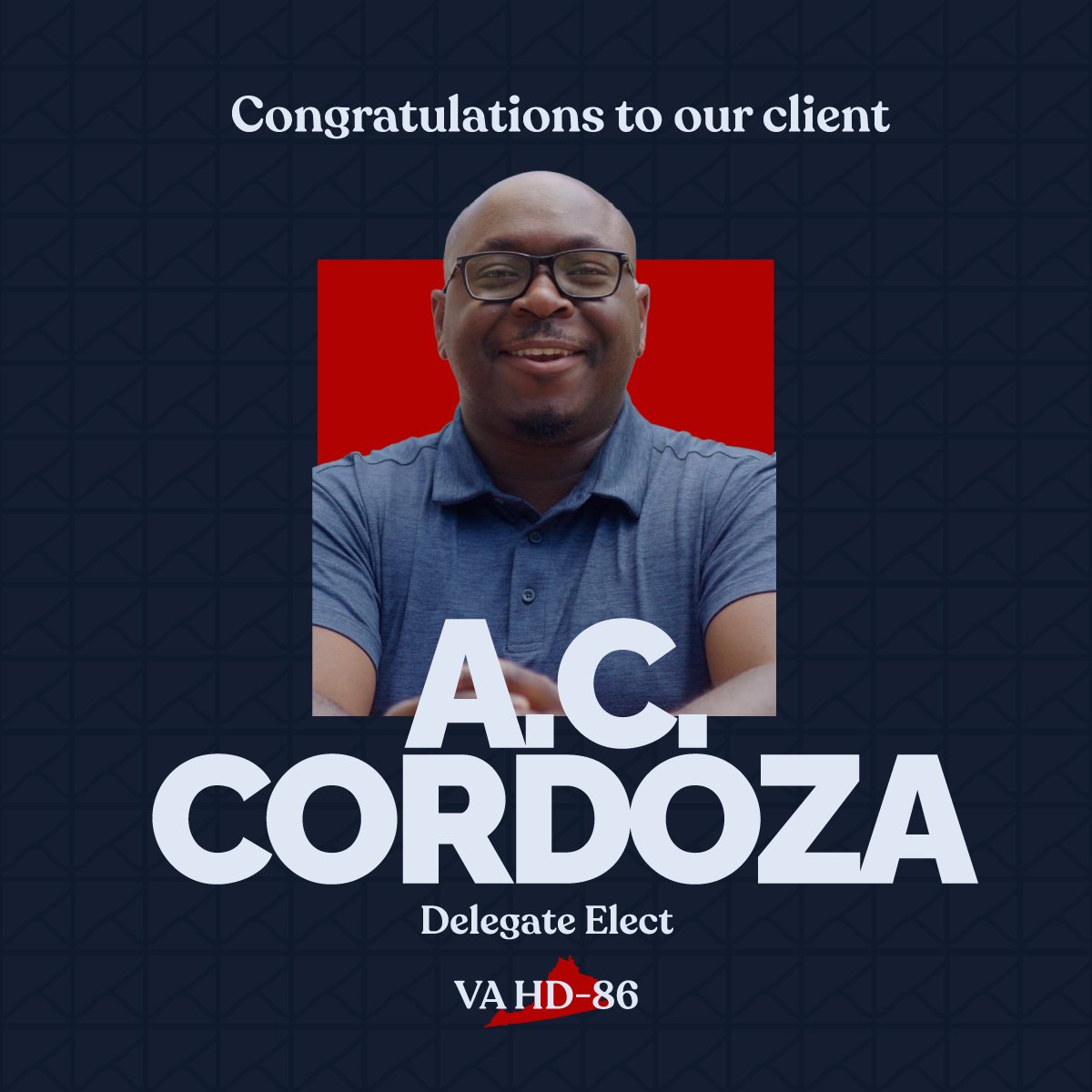 FlexPointMedia's tweet photo. Congratulations to our client @AcCordoza, Delegate-Elect for Virginia House of Delegates District 86! 🇺🇸 https://t.co/g9VkMN6bGo