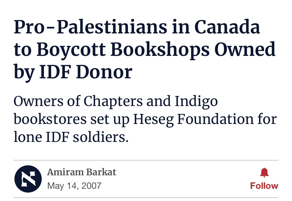 mbueckert's tweet photo. I feel like I’m losing my mind. People have been protesting Indigo since 2007, not because of CEO Heather Reisman’s identity but because she literally co-founded the HESEG Foundation for Lone Soldiers which incentivizes foreigners to join the Israeli army. Everyone knows this! https://t.co/krYUW2Gk5I