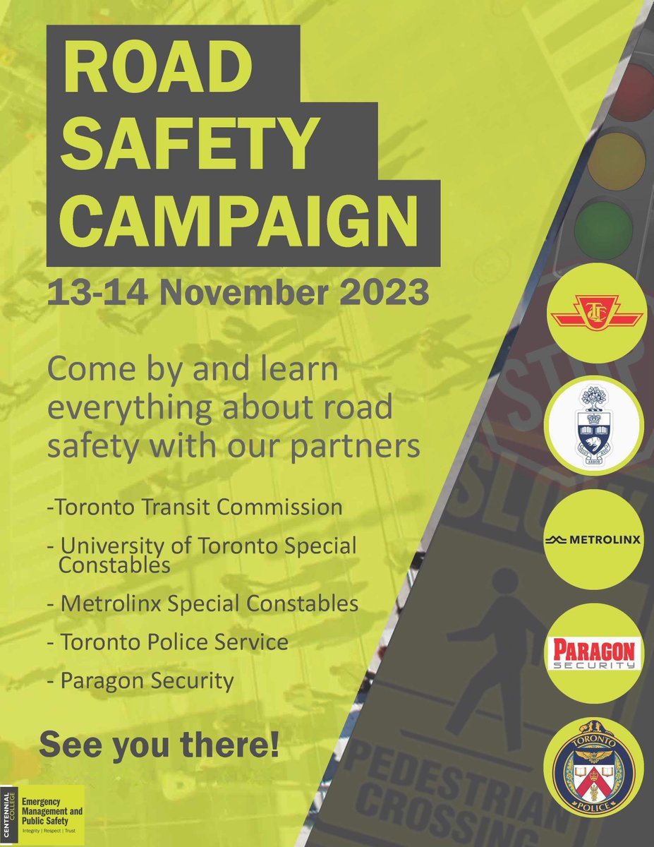 Centennial_EMPS's tweet photo. Happy #Friday! We are excited to announce we'll be hosting a #RoadSafety Campaign next week. We've teamed up with @TorontoPolice, @Metrolinx, and @TTC_CEU, to bring you an exciting event that will raise awareness about safe travelling habits. @CentennialEDU #centennialcollege https://t.co/WLdFffLNC4