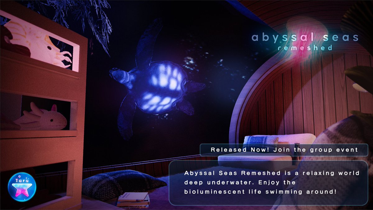 Silyataru's tweet image. Abyssal Seas Remeshed is a relaxing world deep underwater․ Enjoy the bioluminescent life swimming aroundǃ
I am hosting a group event for the release of this world, so feel free to come by!
Group - vrc.group/TARU.3537
#VRChat #VRC #VRChat_world紹介